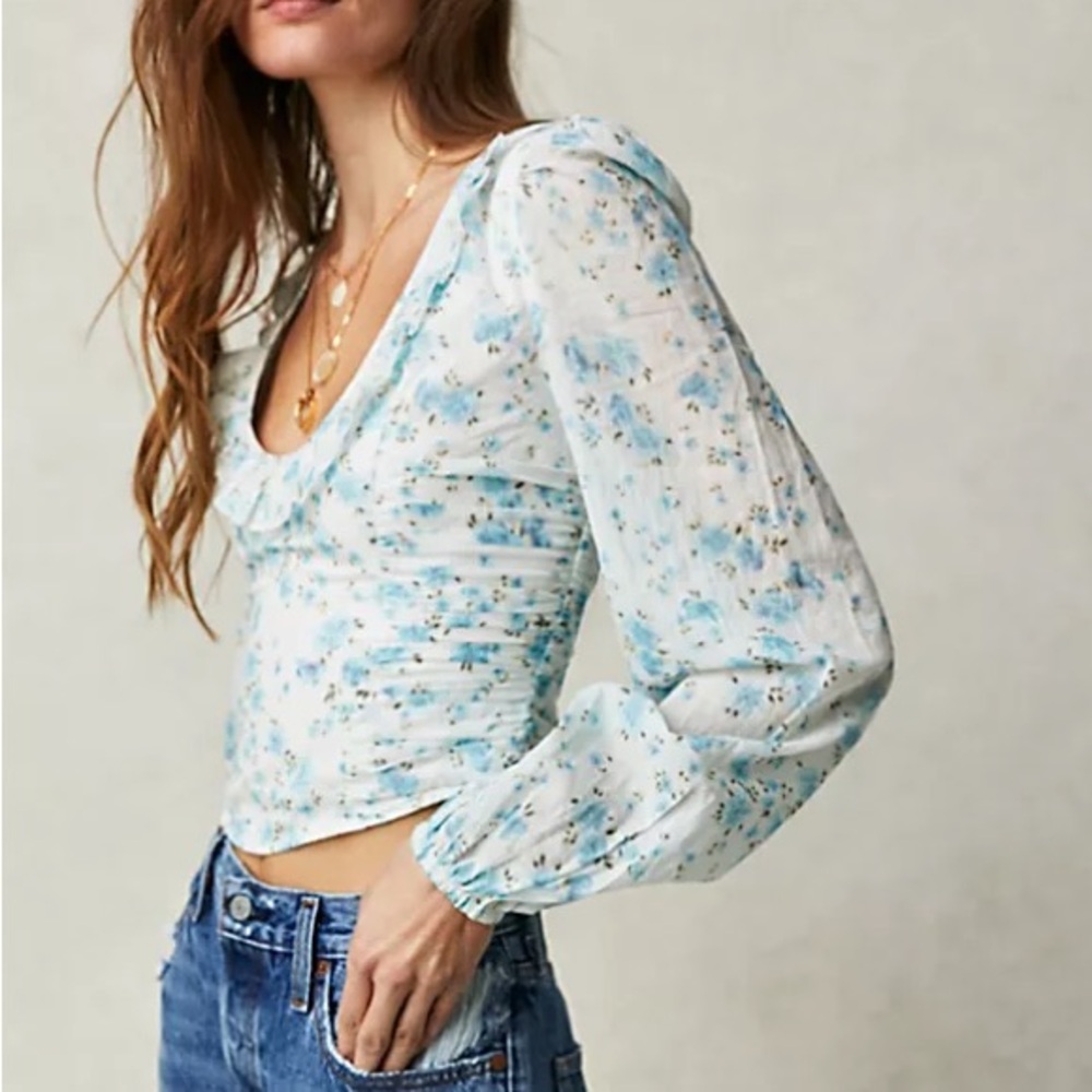NWT Floral Blue and White Women's Top- Another Life Printed Top
